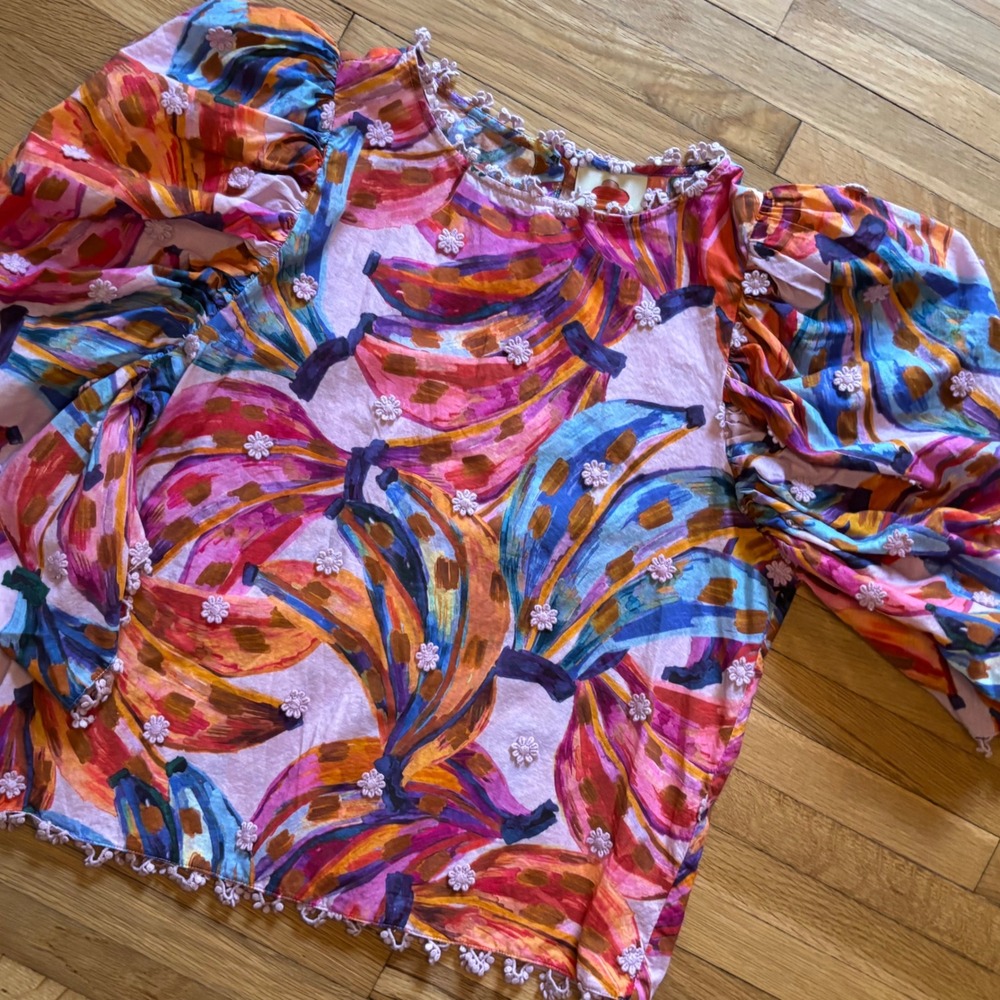 Farm Rio Bananas Puff Sleeve Blouse XS 100% Cotton Resort Colorful Chic Vacation